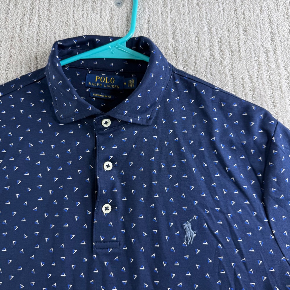 Polo Ralph Lauren Custom Slim Fit Geometric Print Polo Shirt Mens Size M Navy